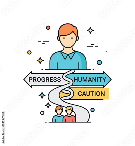 Future of humanity choice split path beneath a simplified enhanced human figure, one direction marked Progress and the other Caution, conveying collective