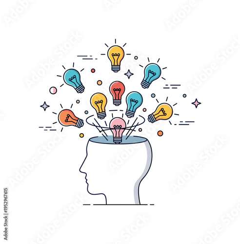 Creative brainstorm overload concept featuring multiple lightbulb icons rapidly circling above a head outline, expressing idea overflow, inspiration bursts,