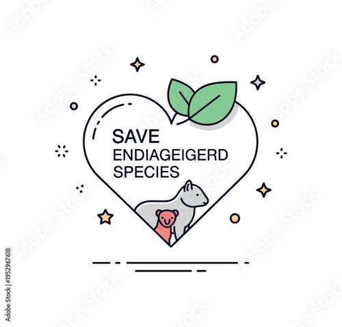 Save endangered species badge illustrated with a heart shape containing a small animal silhouette and leaf accent, symbolizing hope and protection. The clean