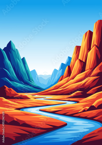 Vibrant vector illustration of a winding river flowing through a colorful canyon landscape with majestic mountain peaks under a clear blue sky