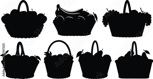 Black fruit basket icon set, fresh produce silhouettes, organic food containers, minimalist flat vector design isolated on white background