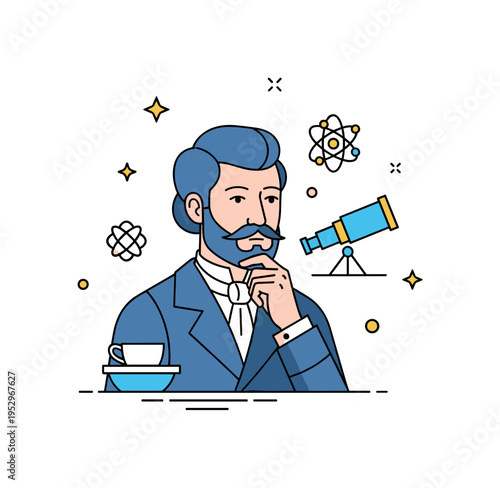 Scientific pioneer portrait theme featuring a thoughtful historical character with a small atom or telescope icon detail, symbolizing discovery and advancement