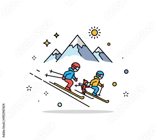 Family ski day on mountain theme illustrated by two small skier figures descending side by side beneath a simple mountain peak silhouette. The composition