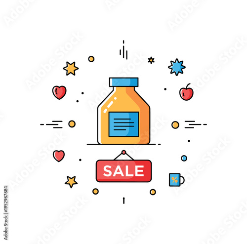 Seasonal promotion setup showing a central product framed by small decorative icons and a simple Sale sign, reflecting timely offers and dynamic merchandising