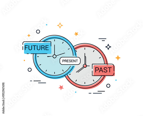 Future and past overlap two semi transparent clock faces slightly offset with a small Present label between them, illustrating layered timelines and temporal
