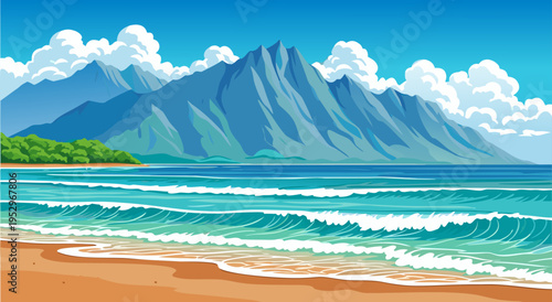 Beautiful Tropical Beach Scene with Blue Mountains and Ocean Waves Vector Illustration