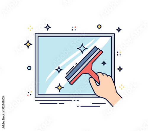 Window cleaning trick represented by a squeegee wiping across a simple glass pane with sparkle accents, expressing streak free shine and bright interiors. The