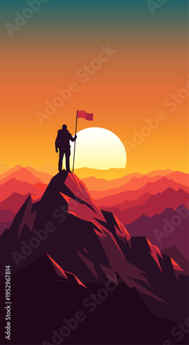 Summit success vector illustration of a person standing on a mountain peak with a flag at sunset, symbolizing achievement and victory