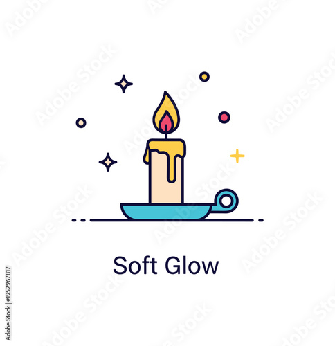 Candle flame romantic dinner ambiance featuring a simple candle on a small holder with tiny sparkle accents around the light, symbolizing warmth and intimate