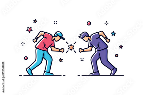 Hip hop dance battle sport theme represented by two opposing dancer silhouettes facing each other with a small star symbol between them, expressing rivalry and