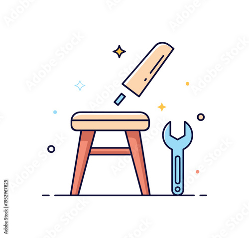 Furniture repair and replacement theme depicted with a detached chair leg and a small wrench beside it, symbolizing maintenance and restoration. Subtle sparkle
