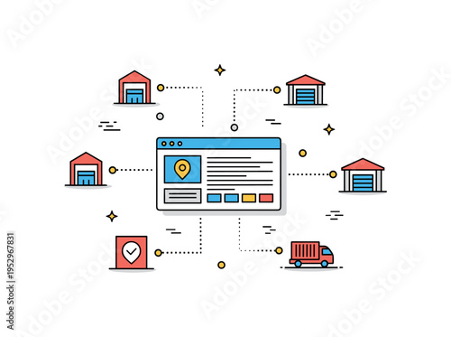 Digital supply chain visibility visualized through a central dashboard screen connected to small warehouse and transport icons with dotted tracking lines. A
