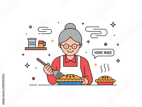 Grandmother baking homemade pie in a simple kitchen setting symbolizing tradition, comfort, and cherished family recipes. Gentle steam lines and a tiny label