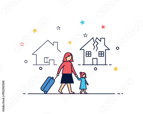 Humanitarian crisis concept small family silhouette walking with suitcase and subtle broken house icon behind, symbolizing displacement and the civilian impact