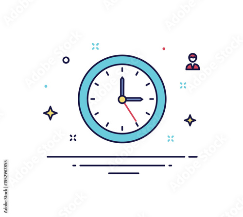 Office wall clock round clock above a subtle desk line with clearly defined hour and minute hands, symbolizing work routine and schedule management. Minimalist