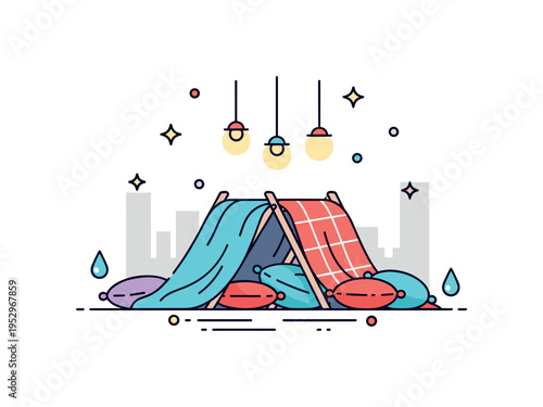 Rainy day blanket fort scene featuring draped blankets, plush cushions and warm hanging lights inside a simple room silhouette, expressing safety and peaceful