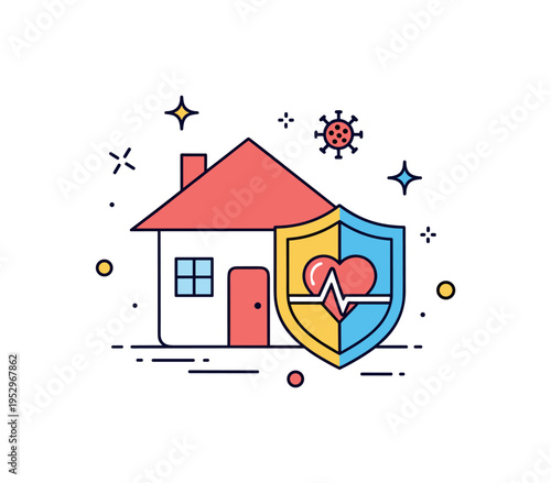 Epidemic preparedness quarantine and isolation planning theme shown as a small house icon combined with a shield and heart symbol, expressing safe home based