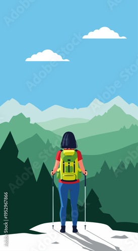 Vibrant vector illustration of a hiker with a backpack and poles on a mountain trail, enjoying a scenic landscape