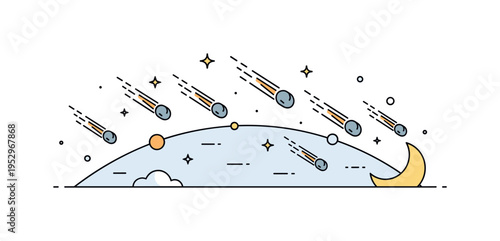 Meteor shower event illustration featuring multiple small streaking rocks crossing a curved horizon line, symbolizing celestial spectacle, movement, and night