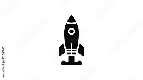 Black and white stylized depiction of a rocket ship ready for launch