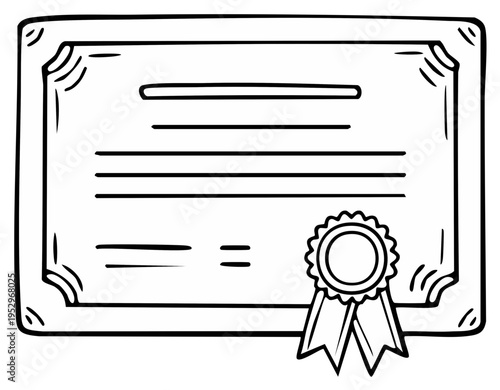 Hand-drawn vector illustration of a certificate with decorative frame and seal in black and white outline