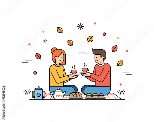 Autumn picnic scene with falling leaves around a couple sharing tea and pastries representing seasonal romance and comfort. Warm accent colors and subtle