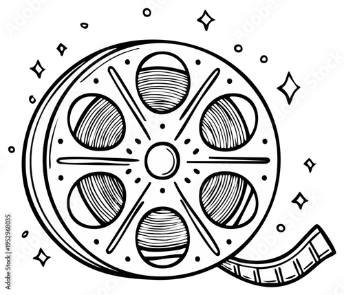 Vintage film reel with sparkling stars and film strip, black and white illustration