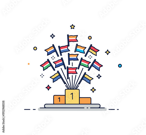 Global event celebration cluster of tiny waving flags emerging from a central podium with subtle star accents, symbolizing international gatherings and shared