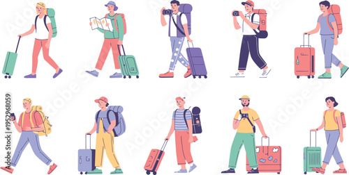 Travelers with rolling luggage and backpacks walk while checking their.