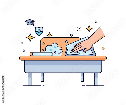 Classroom surface disinfection focused on a neat desk and cloth wiping motion with small sparkle icons emphasizing sanitized areas. The scene communicates