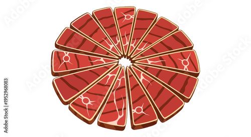 A vibrant illustration of sliced raw meat arranged in a circular pattern on a white background