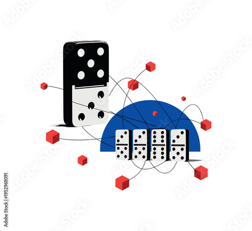 Black and white domino pieces where one large domino towers over a few equal-sized ones, deep blue semicircle framing the equal group as oligopoly core, small