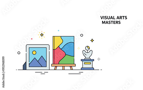 Visual arts mastery illustration showing a simple gallery style display with a framed photograph, colorful canvas, and small pedestal sculpture aligned side by