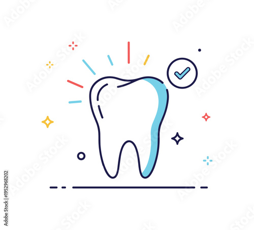 Brushing teeth sparkling smile result idea illustrated by a bright tooth icon with radiant lines and a small check mark symbol nearby. A confident