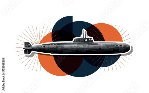 Black and white vintage submarine as the main object, realistic retro naval texture, cut-out effect with white outline, layered over bold geometric circles and