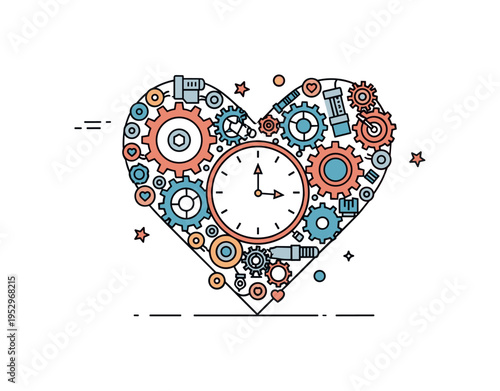 Steampunk clockwork heart concept illustrating a stylized heart shape built from gears and small bolts, expressing passion for invention and mechanical