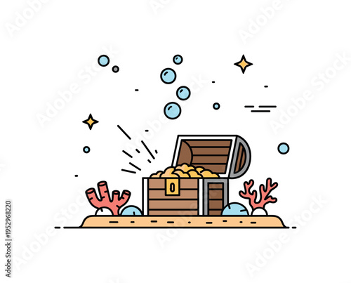 Sunken treasure underwater scene with open chest resting on seabed beside small coral shapes and rising bubbles, symbolizing lost riches and ocean legends.