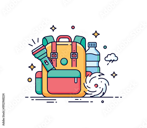 Storm preparedness kit theme illustrated with a compact backpack containing a flashlight and water bottle next to a small hurricane icon, conveying safety