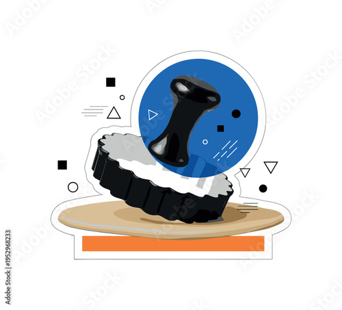 Black and white cookie cutter pressing shapes into rolled dough, bold cobalt blue circle overlapping the top edge of the cutter, thin orange horizontal bar