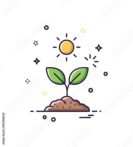 Growing seedling in sunlight scene showing a small plant rising from soil with a soft sun icon above, conveying nourishment and positive