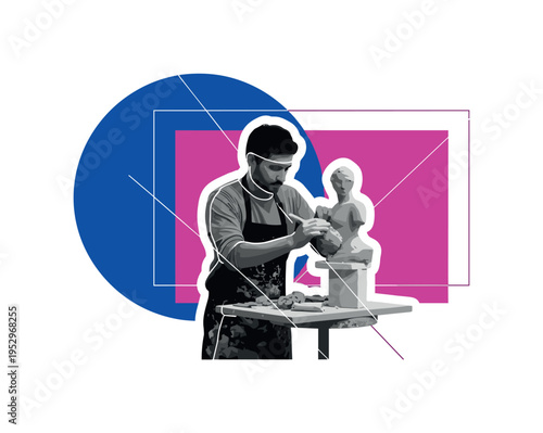 Monochrome sculptor shaping clay at a worktable, white outline creating sticker effect around the figure and sculpture, large cobalt blue abstract circle