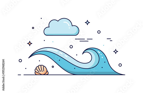 Ocean breeze scene smooth wave curve with small shell in the foreground and soft cloud above, conveying freshness, openness and coastal beauty. Minimalist flat