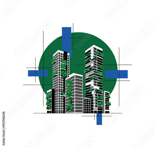 Black and white urban high-rise buildings with vertical garden strips, large deep green circular backdrop framing the towers, cobalt blue rectangular accents