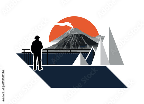 Black and white tourist silhouette standing at viewpoint railing facing a distant volcano, vibrant burnt orange semicircle framing the crater area, deep navy