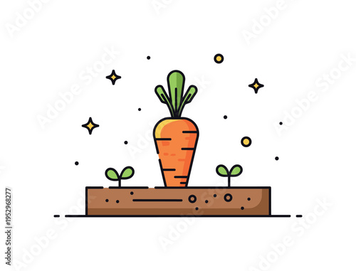 Home gardening carrot carrot partially visible above soil line with tiny green sprout accents, conveying backyard gardening and growth cycle. Minimalist flat