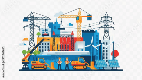 Urban Construction, Industrial City Infrastructure, Power Grid and Renewable Energy Development Illustration