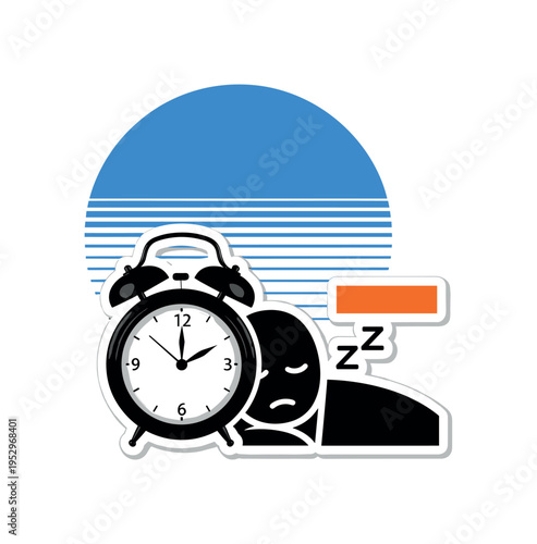 A monochrome vintage alarm clock placed beside a simplified sleeping silhouette, bright cobalt blue semicircle framing the upper composition, thin horizontal
