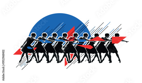 Black and white vintage silhouette of a person surrounded by abstract broken geometric shapes, bold orange geometric block slicing diagonally across frame,