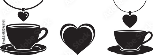 Vector illustration of a 3d red heart shape and a set of cups of coffee as a romantic symbol for a Valentine's Day wedding design