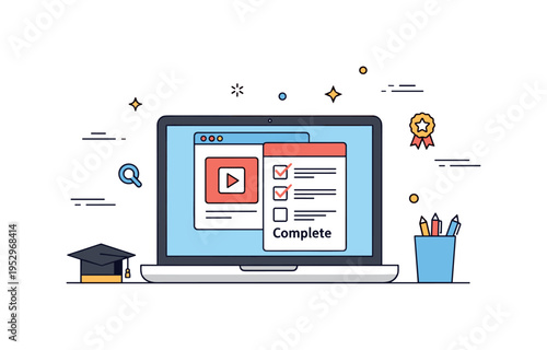 Remote professional training compact workspace with laptop screen showing video lecture window and checklist marked Complete, symbolizing flexible education